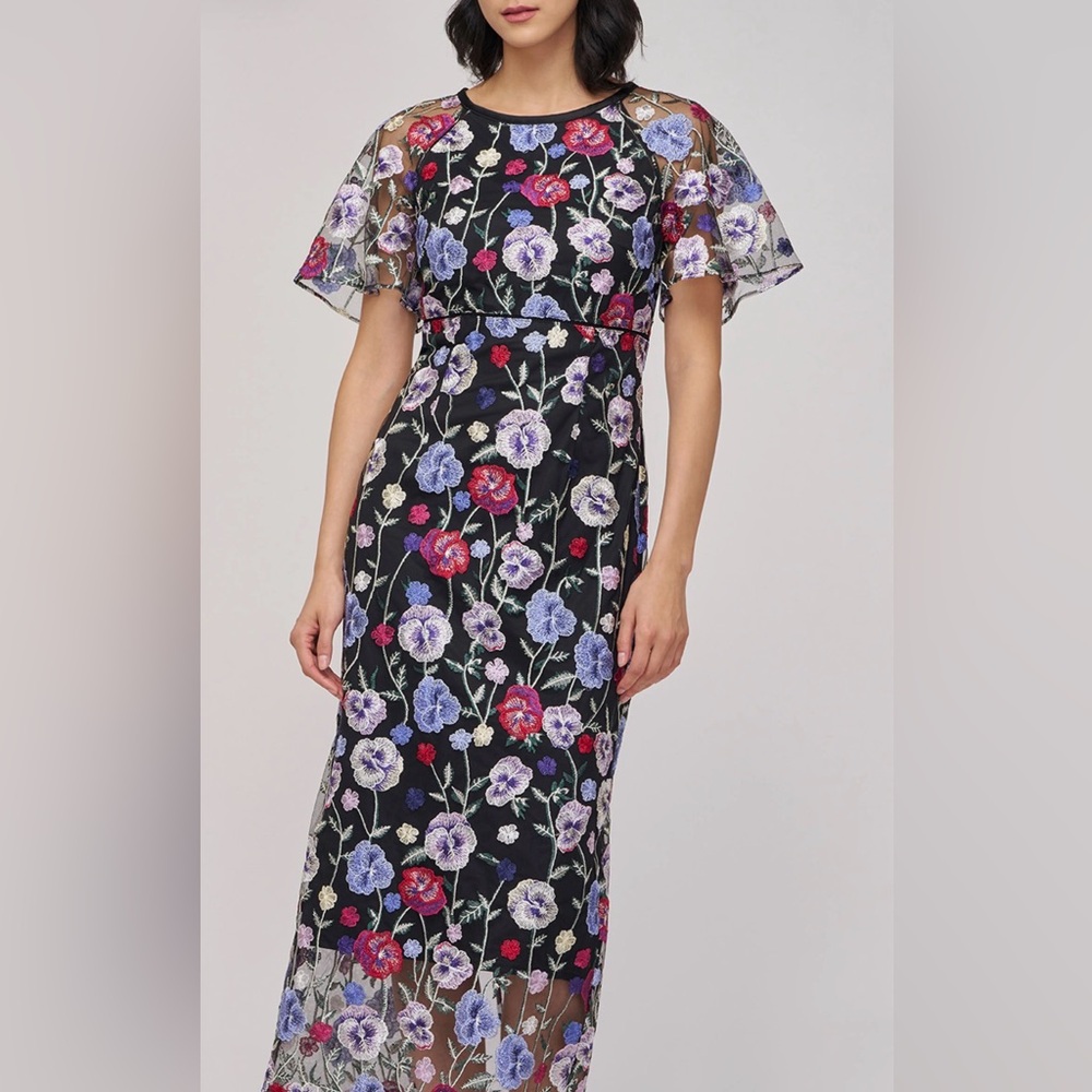 JS Collections Black Dress with Purple and Red Floral Embroidery